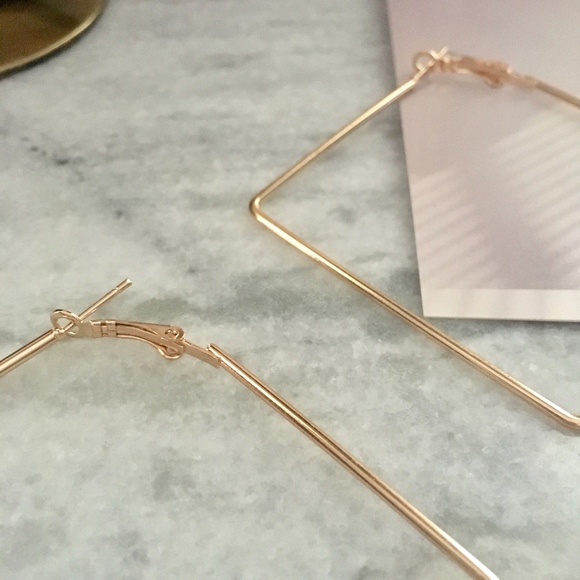 Large Square Geometric Hoop Gold Earrings - Picture 8 of 8